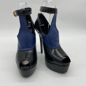 FSJ Black and Blue Peep Toe Stilettos Ankle Strap